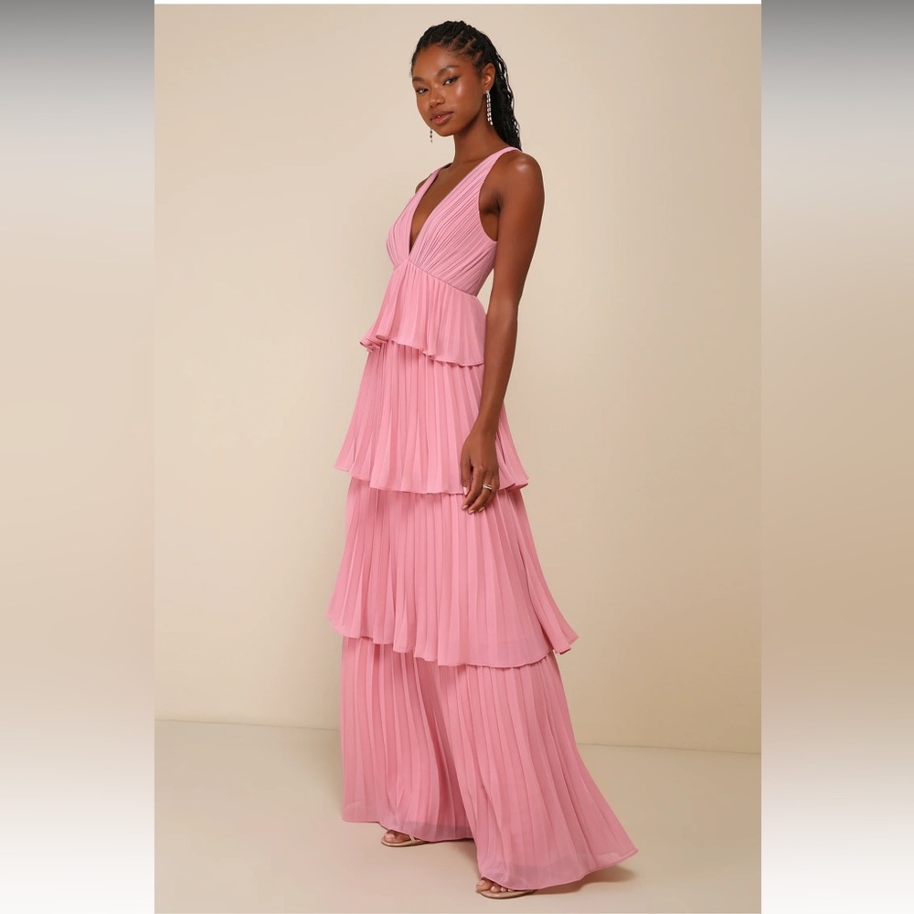 Lulu’s Mesmerizing Essence Pink Pleated Backless Tiered Maxi Dress